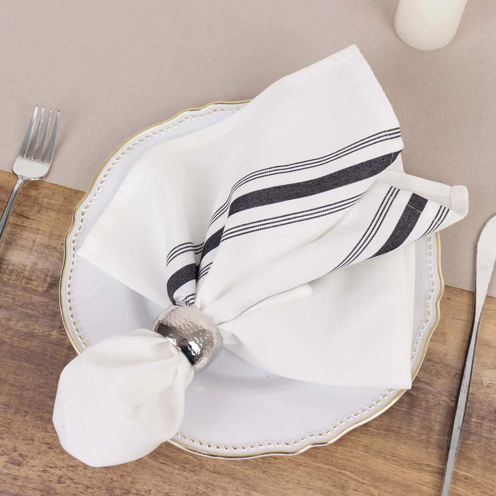 10 Pack White Spun Polyester Cloth Napkins with Black Reverse Stripes, Premium Restaurant Quality Bistro Napkins - 18"x22"