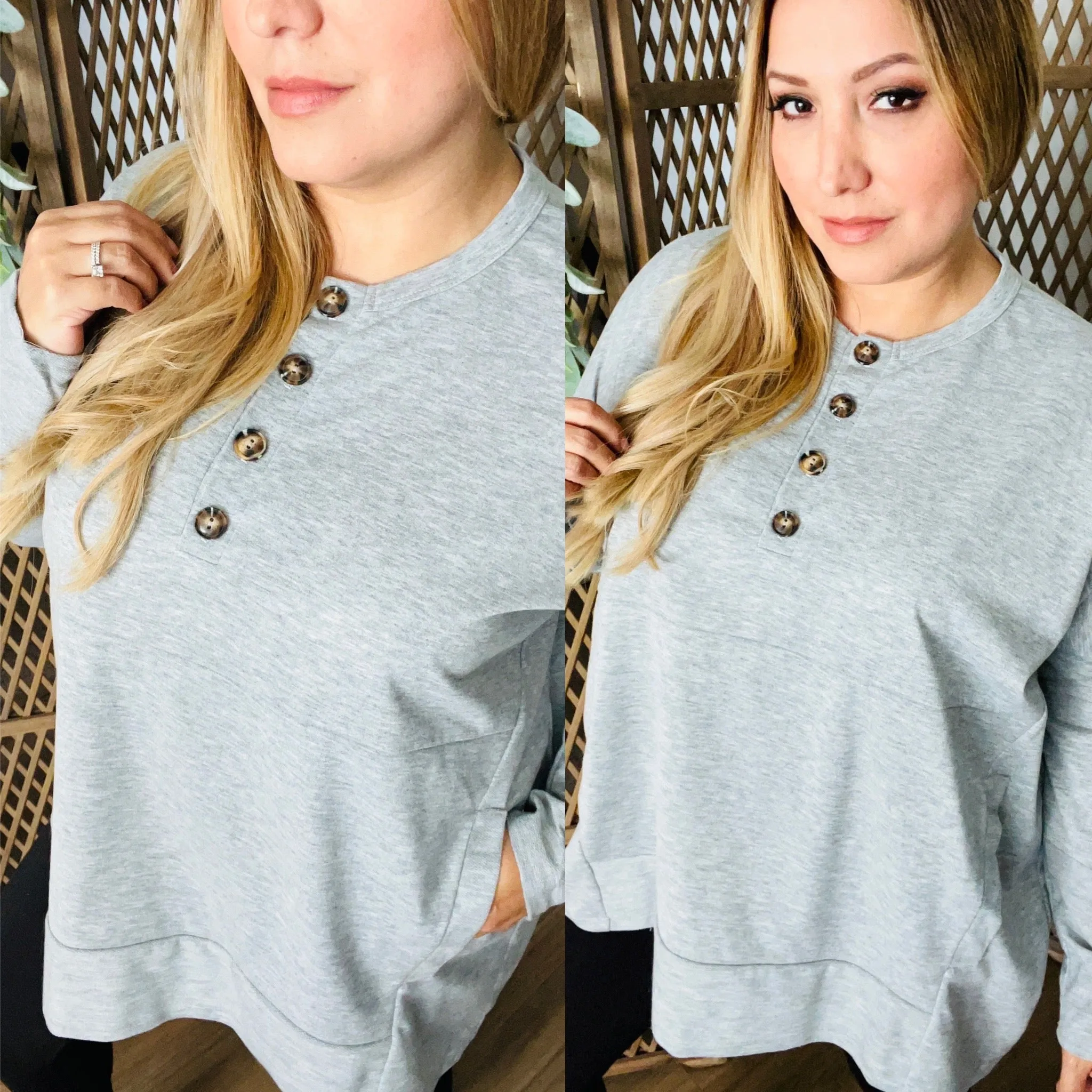 1/4 Sleeve Button Top: Heather Grey