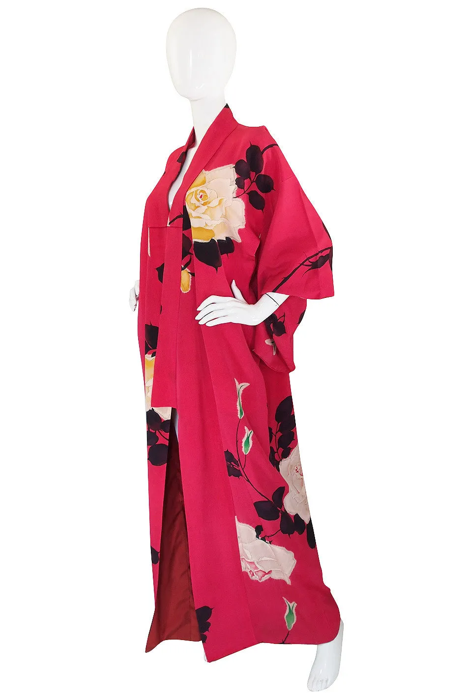 1930s Floral Hand Painted Silk Red Kimono