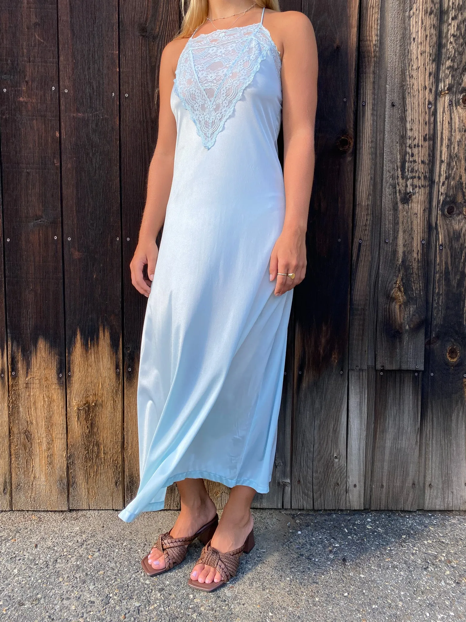 70's Baby Blue Lace Maxi Slip Dress—[M]