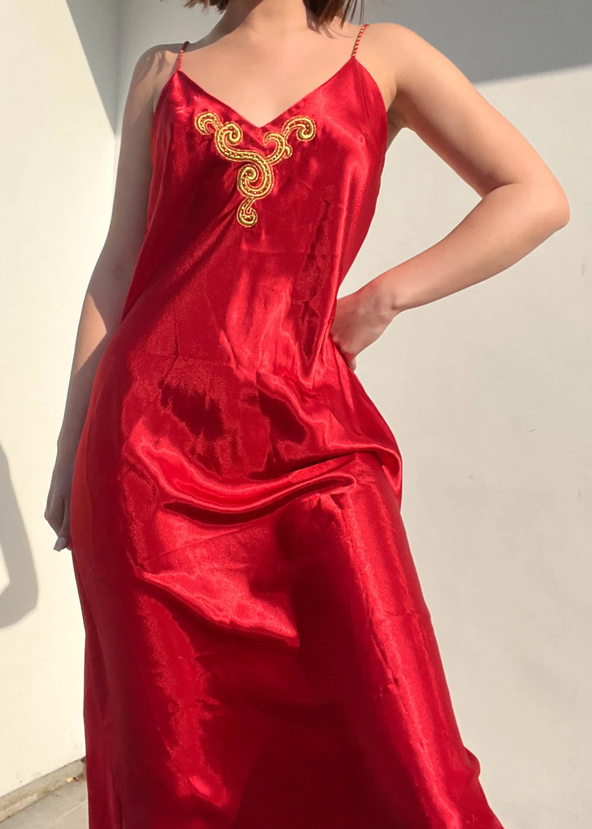 80's Red & Gold Silky Midi Slip (M)