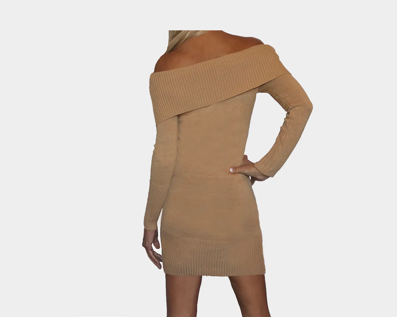 9.1 Golden Tan Knit Off the Shoulder Dress - The St. Moritz