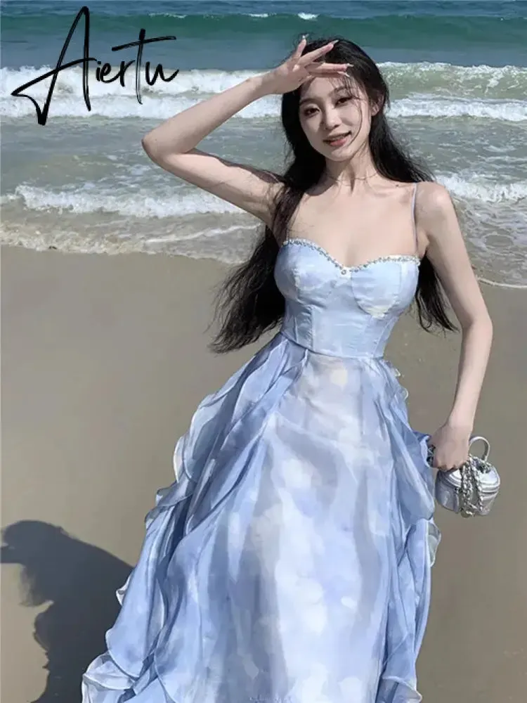 Aiertu Fashion 2024 Summer Blue Fairy Midi Holiday Dress Ruffles Sexy Strap Slip Dress Sleeveless Vacation Beach Seaside Photo Skirt