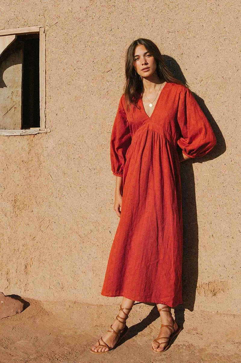 ALMA Midi Dress - warm red cotton