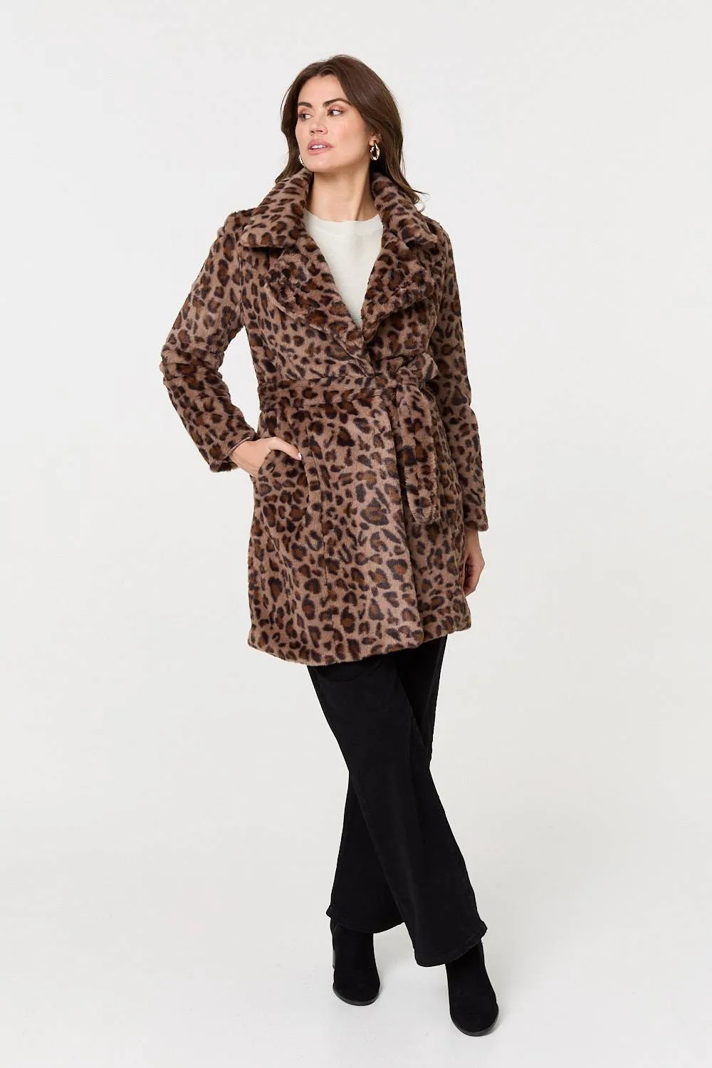 Animal Print Faux Fur Tie Waist Jacket