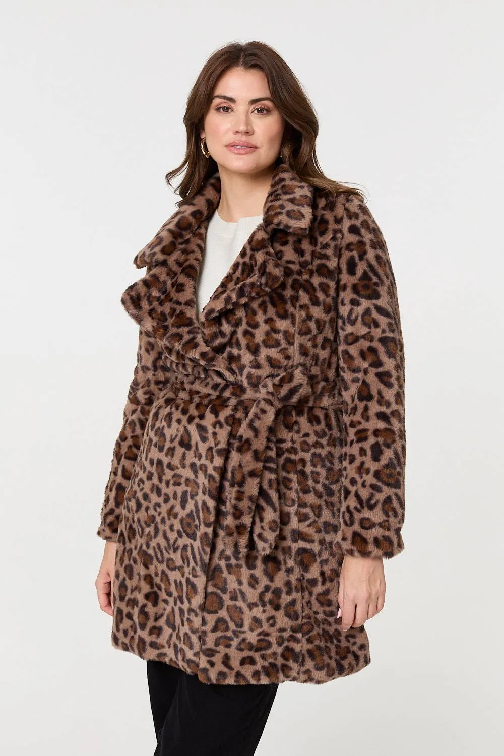 Animal Print Faux Fur Tie Waist Jacket