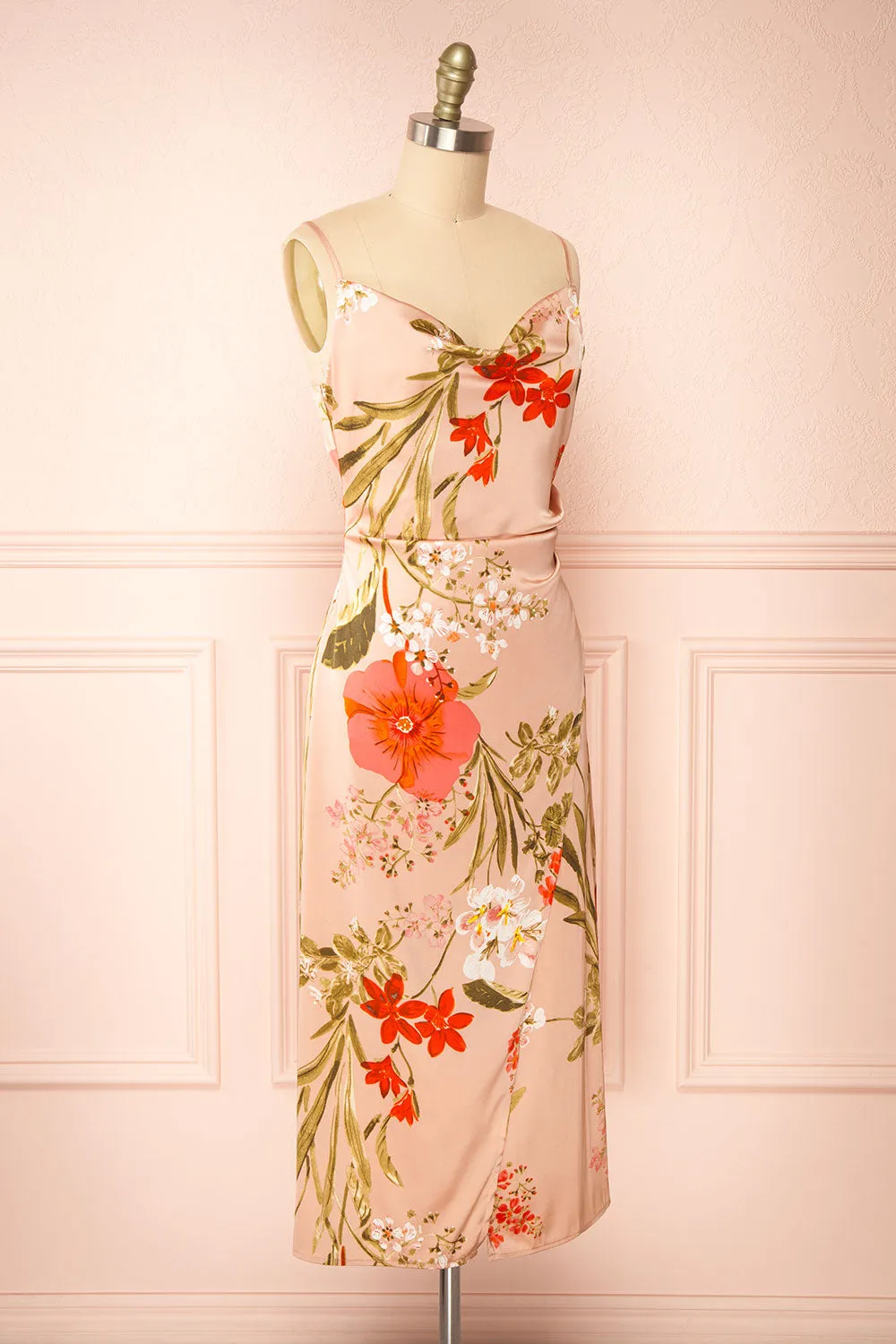 Annelise Pink | Cowl Neck Floral Midi Dress