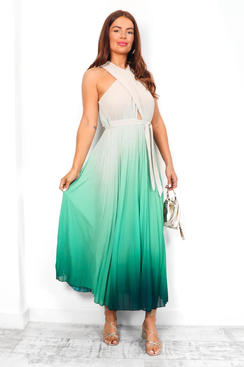 Artemis - Green Beige Ombre Pleated Midi Dress