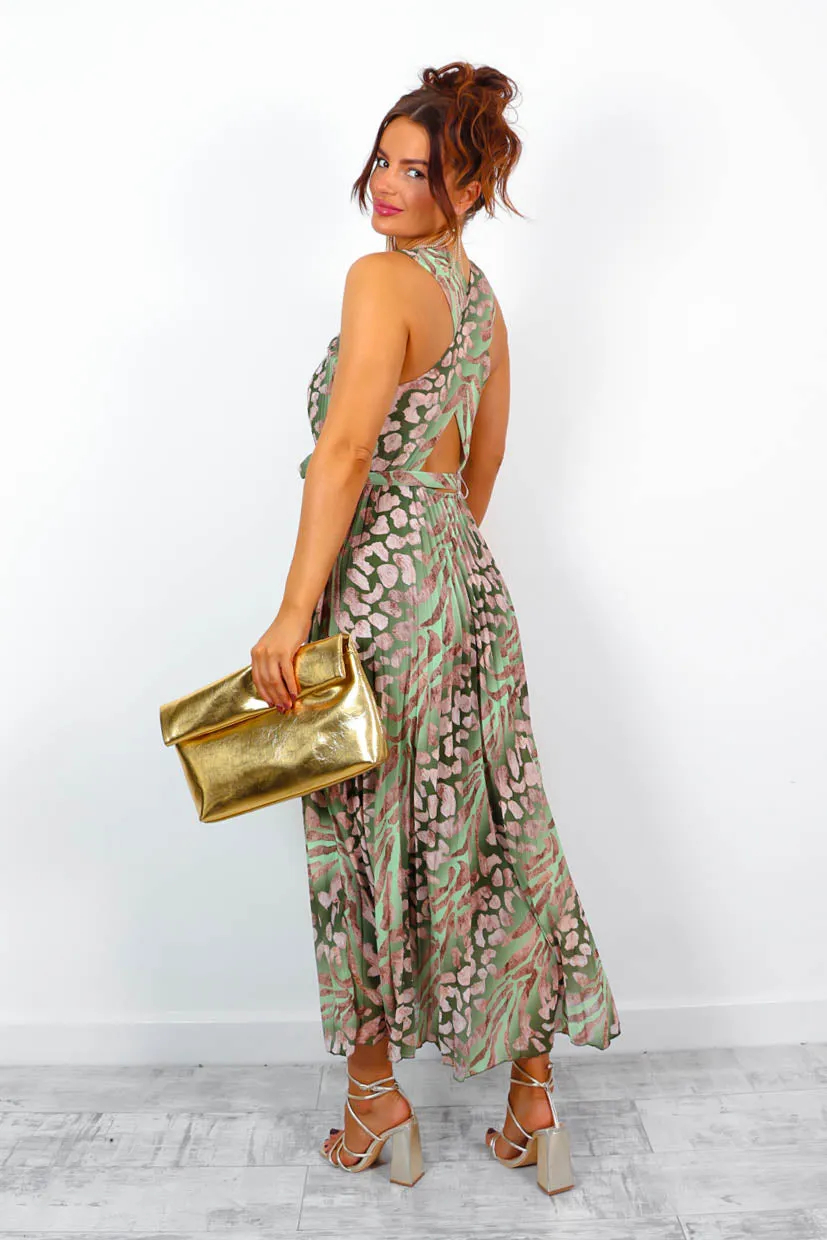 Artemis - Olive Animal Print Pleated Midi Dress