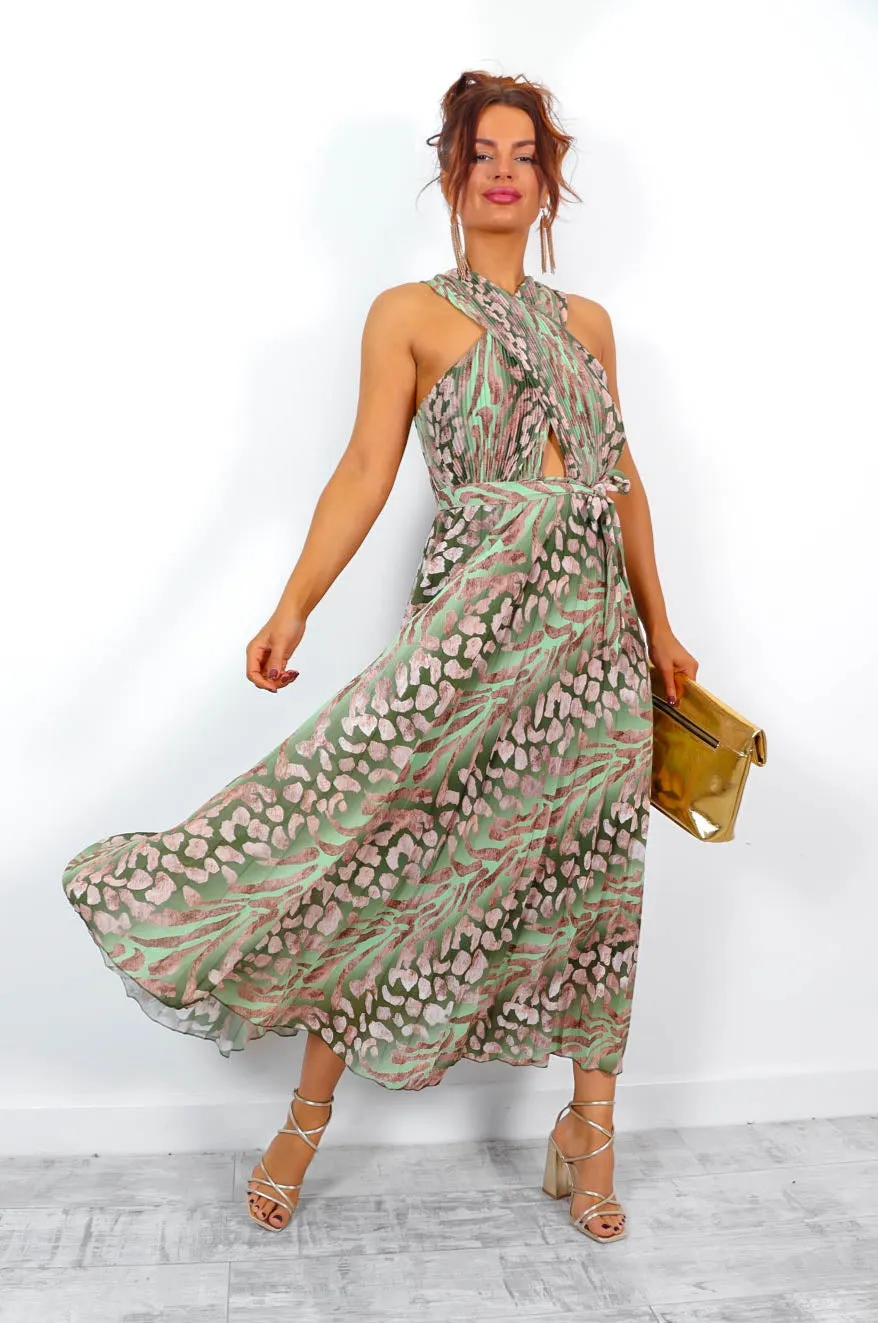 Artemis - Olive Animal Print Pleated Midi Dress