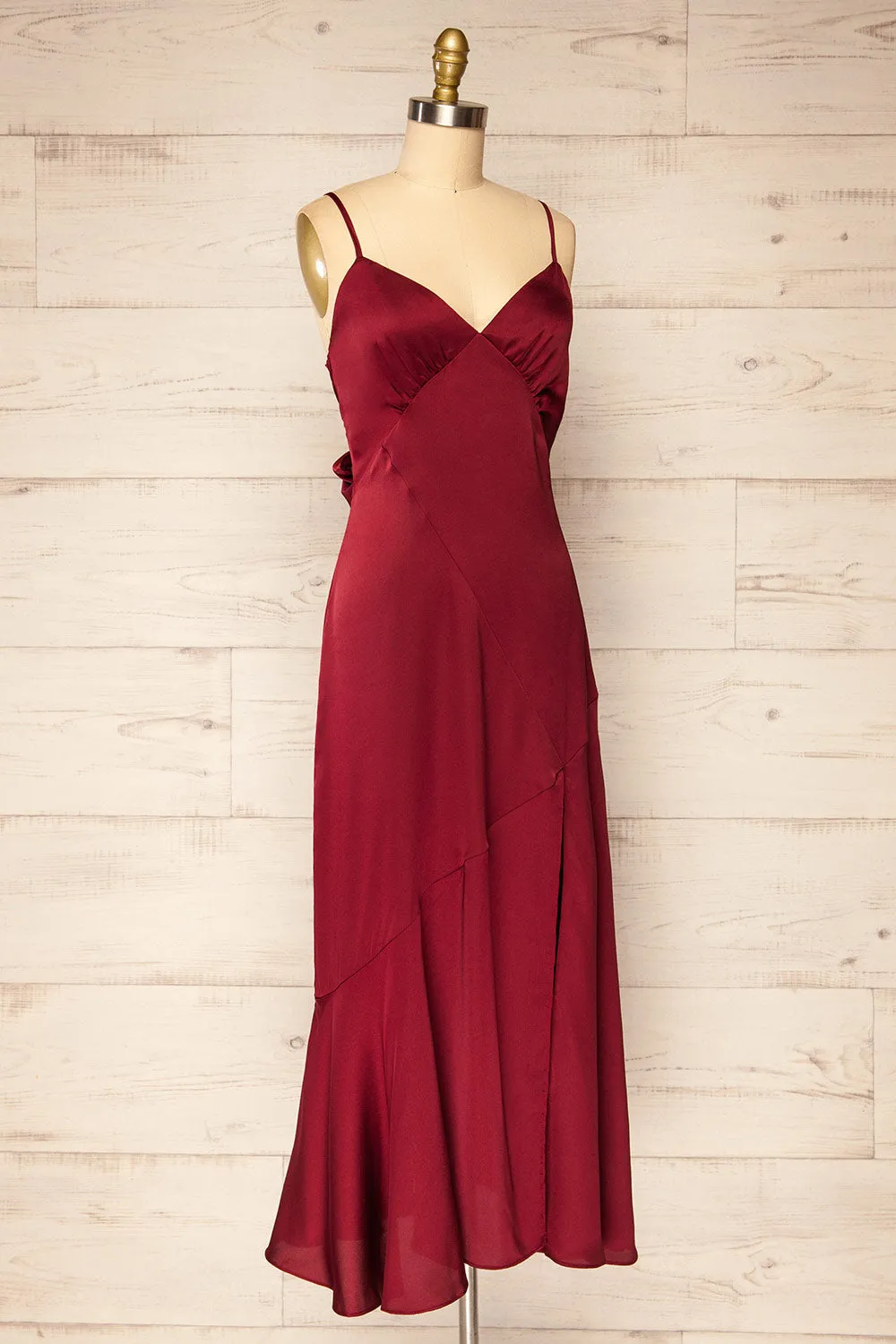 Athy Burgundy | Satin Midi Dress