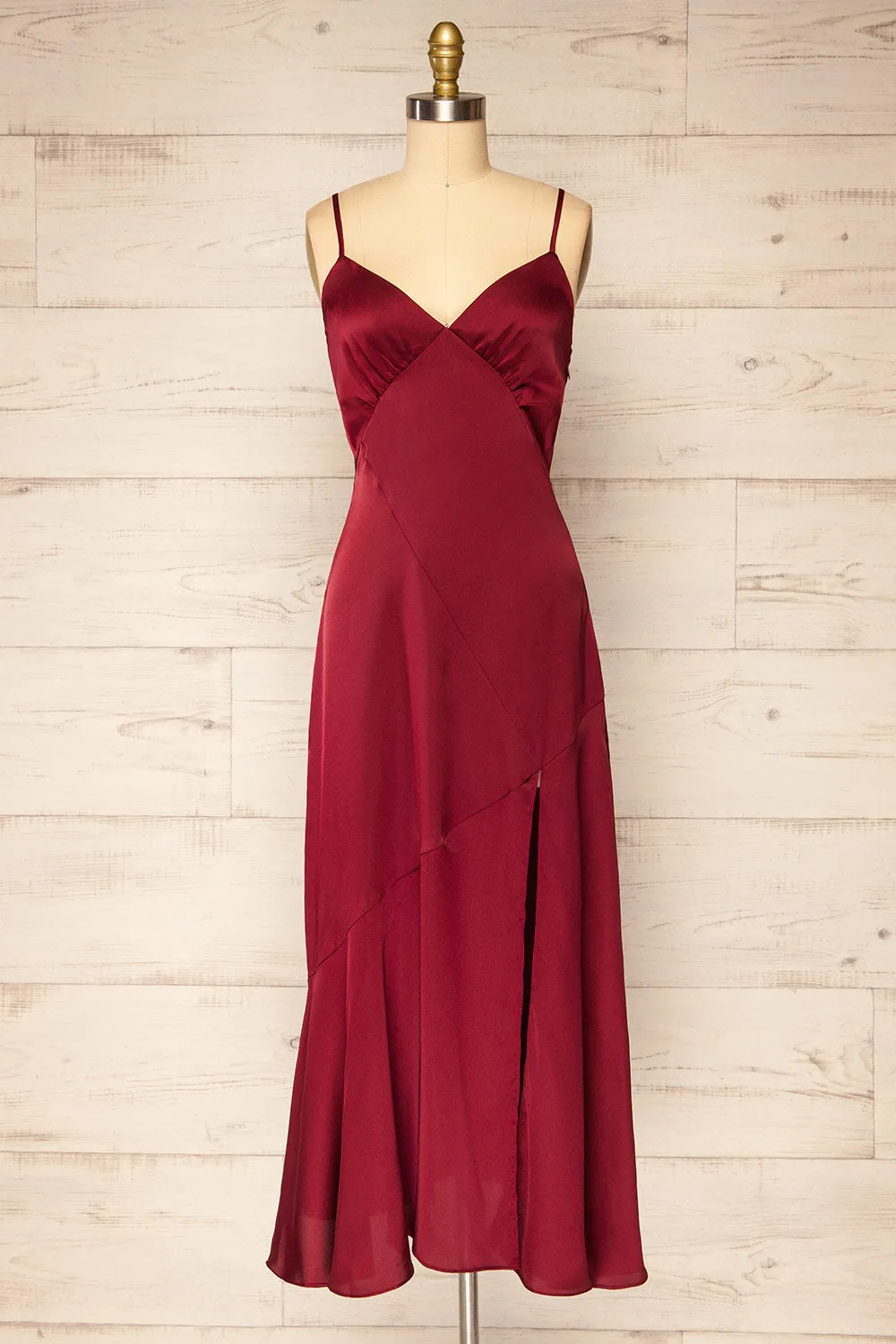 Athy Burgundy | Satin Midi Dress