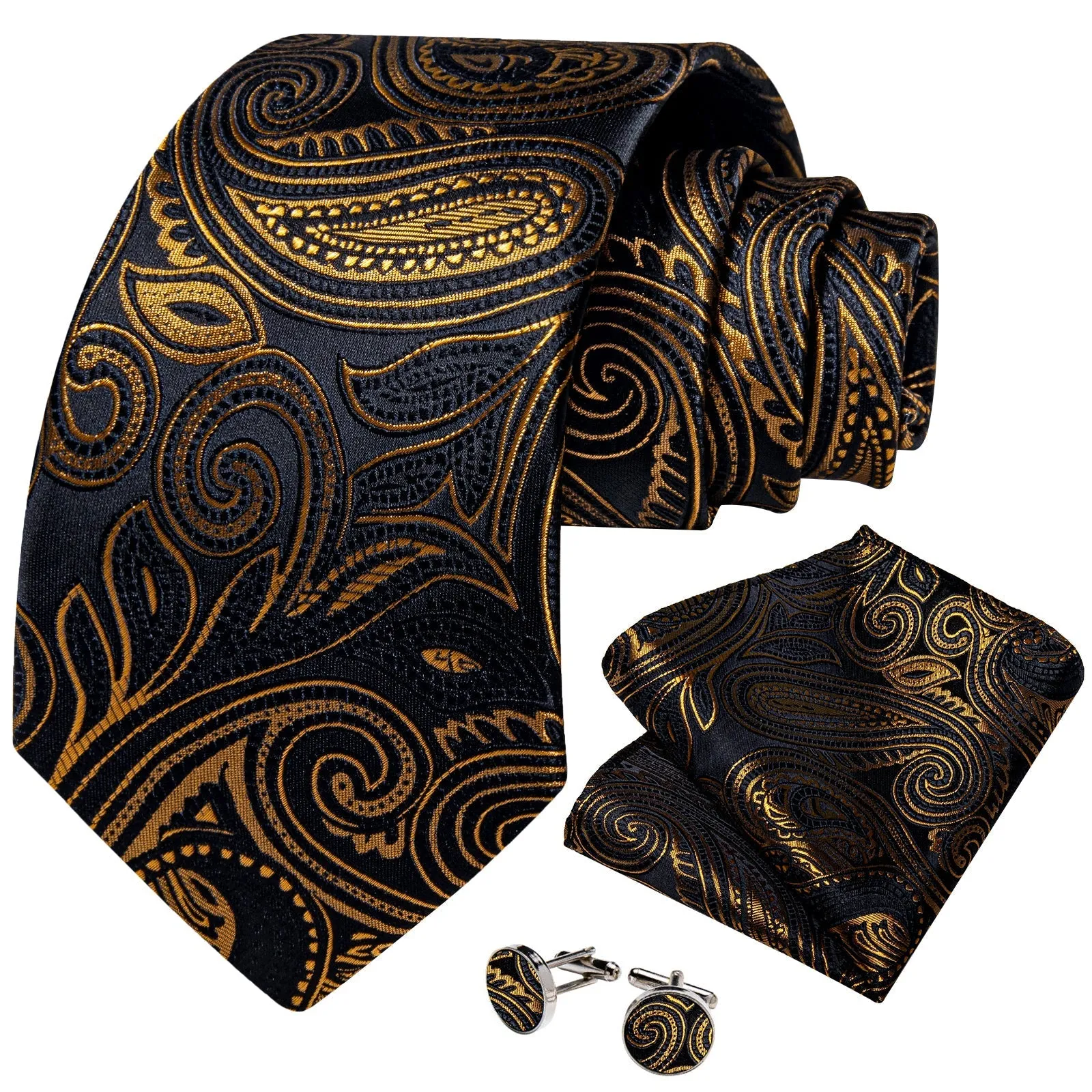 Balck Golden Paisley Silk Men's Necktie Pocket Square Cufflinks Set with Clip