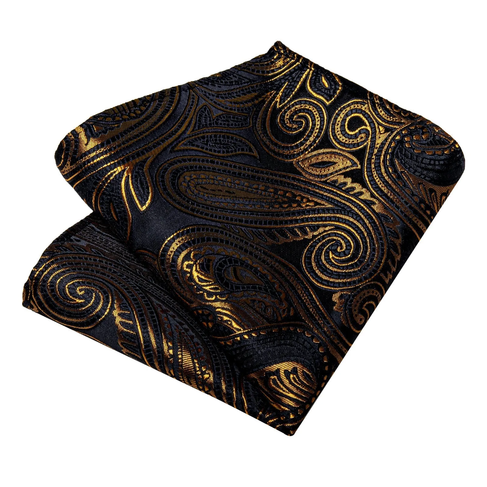 Balck Golden Paisley Silk Men's Necktie Pocket Square Cufflinks Set with Clip