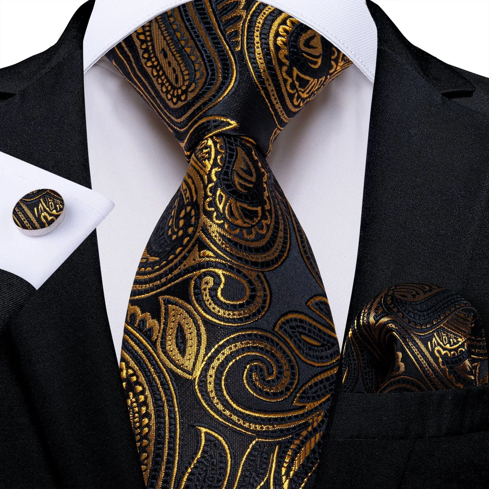 Balck Golden Paisley Silk Men's Necktie Pocket Square Cufflinks Set with Clip