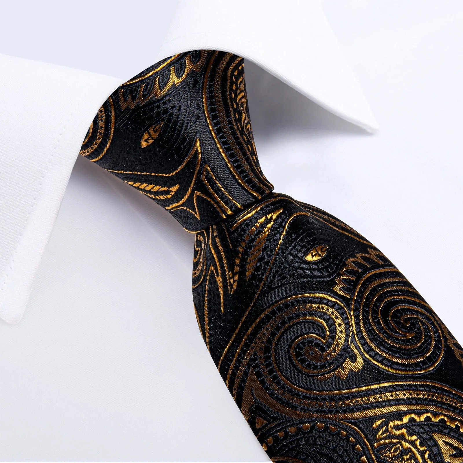 Balck Golden Paisley Silk Men's Necktie Pocket Square Cufflinks Set with Clip