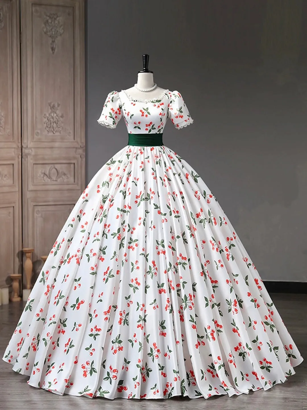 Beautiful Cherry Pattern Long Princess Prom Dress, White A-Line Short Sleeve Evening Party Dress