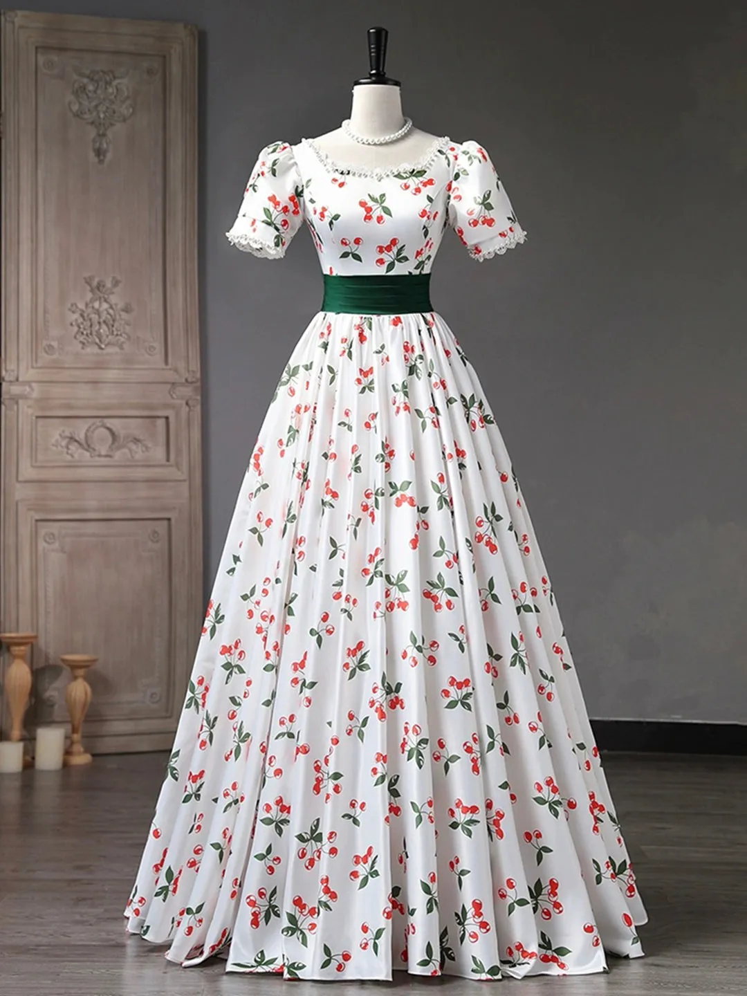 Beautiful Cherry Pattern Long Princess Prom Dress, White A-Line Short Sleeve Evening Party Dress