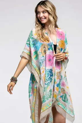 Beige Floral Print Contrast Border Spring Summer Kimono Open Wrap Coverup Top