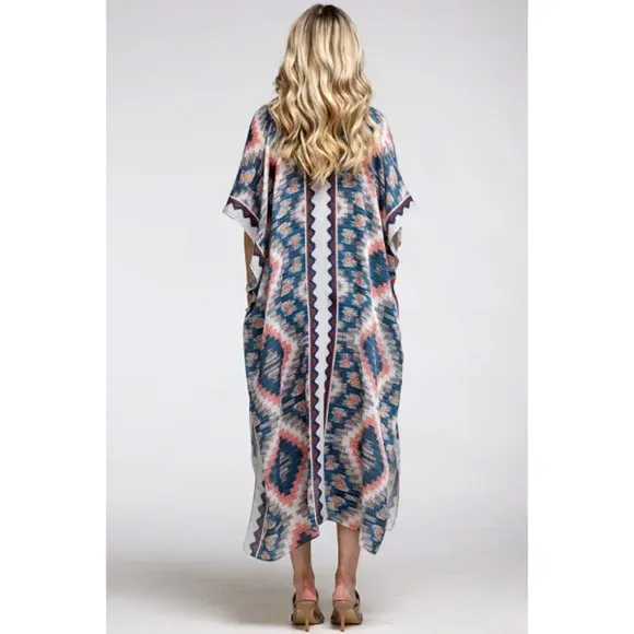 Beige Multi Long Open Front Aztec Tribal Pattern Kimono Wrap Coverup Top