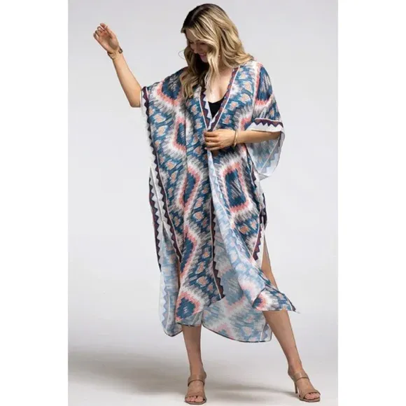 Beige Multi Long Open Front Aztec Tribal Pattern Kimono Wrap Coverup Top