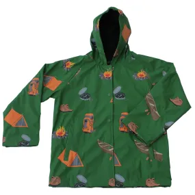 Big Boys Green Grey Camping Print Hooded Lined Raincoat 8-10