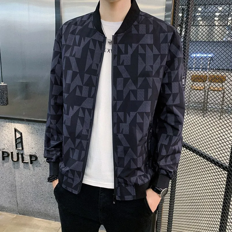 Black Geometric Retro Print Bomber Style Men Jacket