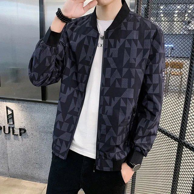 Black Geometric Retro Print Bomber Style Men Jacket