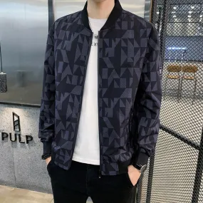 Black Geometric Retro Print Bomber Style Men Jacket