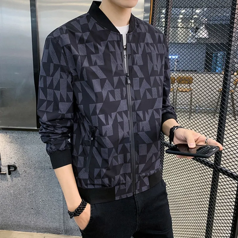 Black Geometric Retro Print Bomber Style Men Jacket