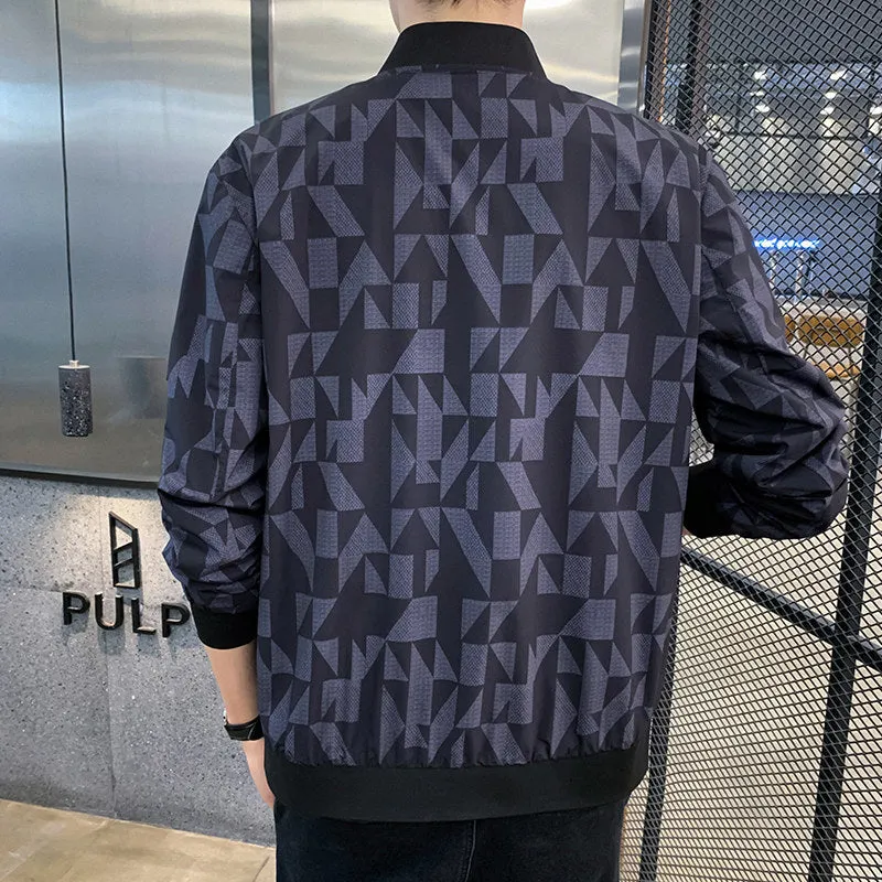 Black Geometric Retro Print Bomber Style Men Jacket