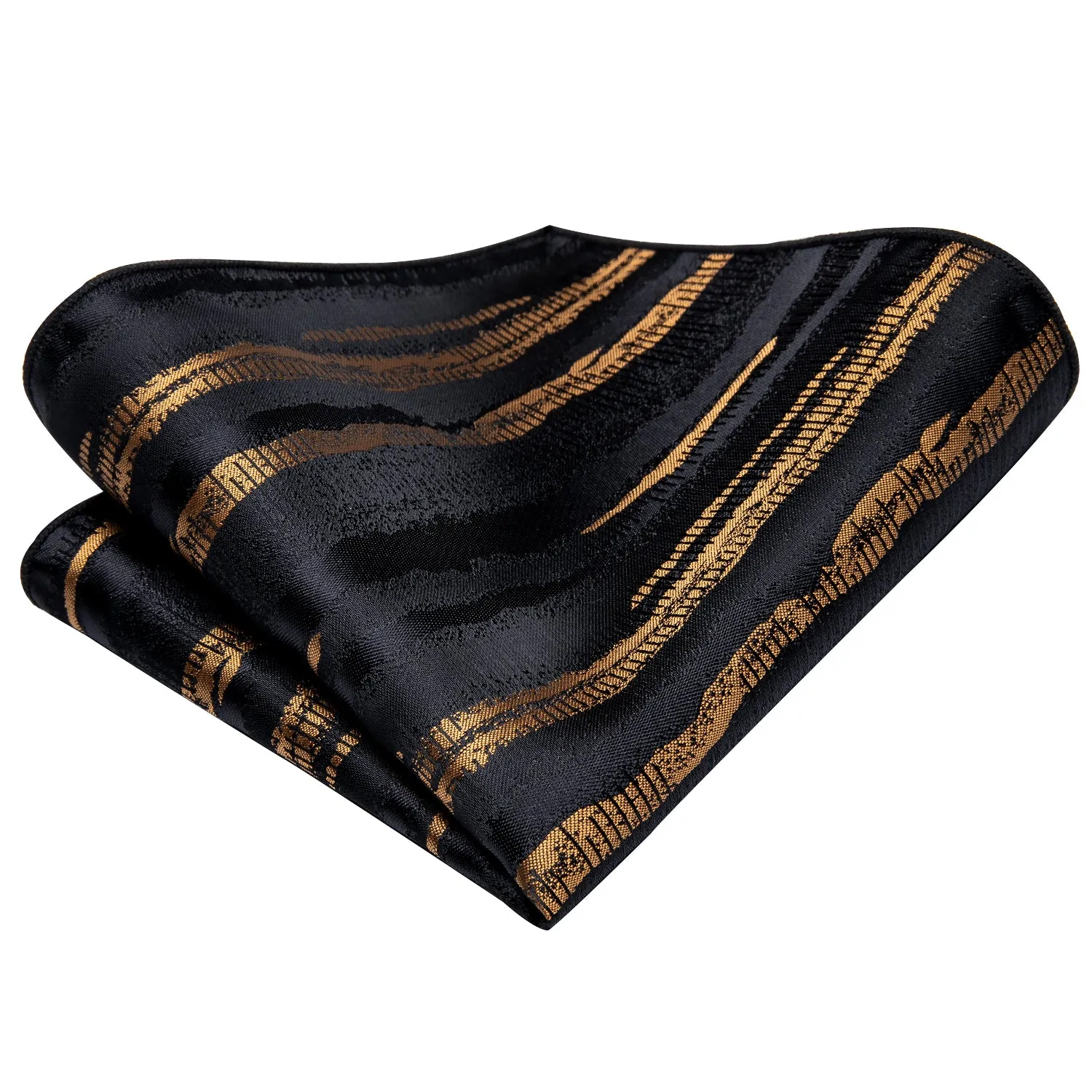 Black Golden Irregular Striped Silk Necktie Pocket Square Cufflinks Set