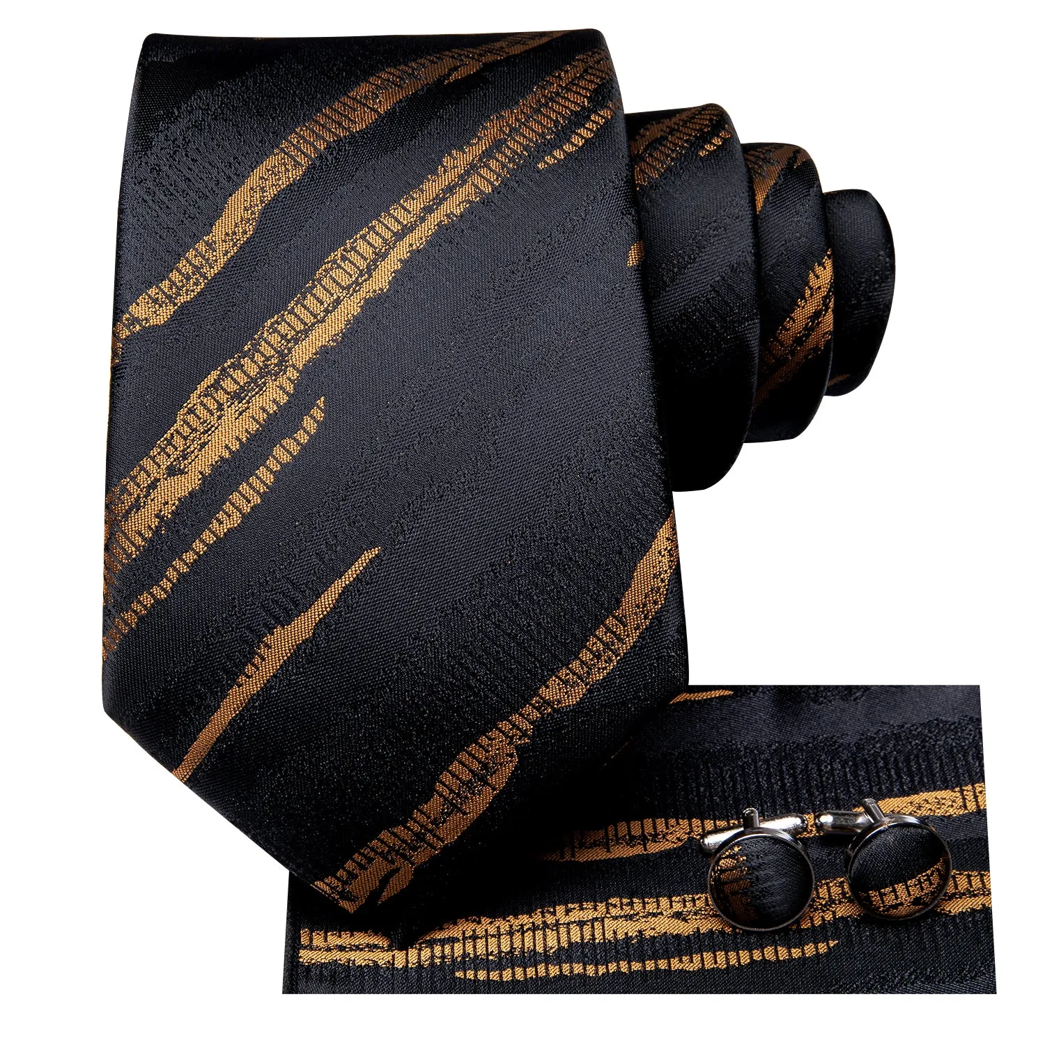 Black Golden Irregular Striped Silk Necktie Pocket Square Cufflinks Set