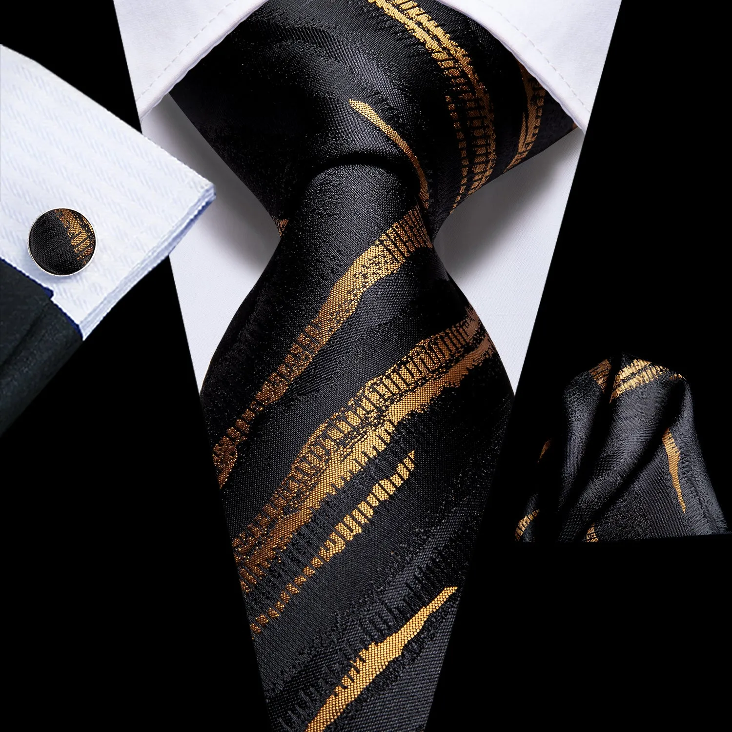 Black Golden Irregular Striped Silk Necktie Pocket Square Cufflinks Set