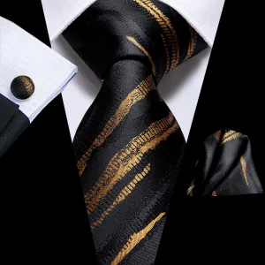 Black Golden Irregular Striped Silk Necktie Pocket Square Cufflinks Set