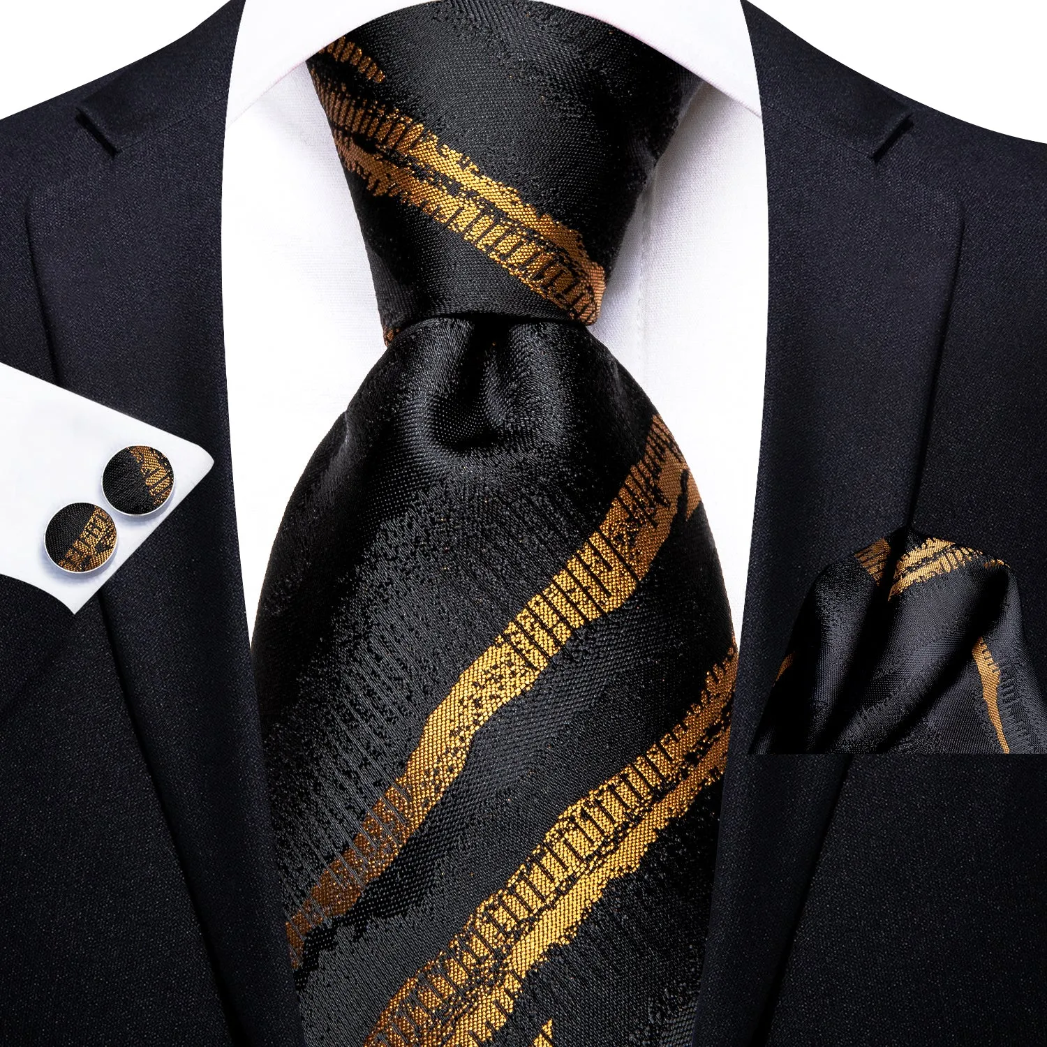 Black Golden Irregular Striped Silk Necktie Pocket Square Cufflinks Set