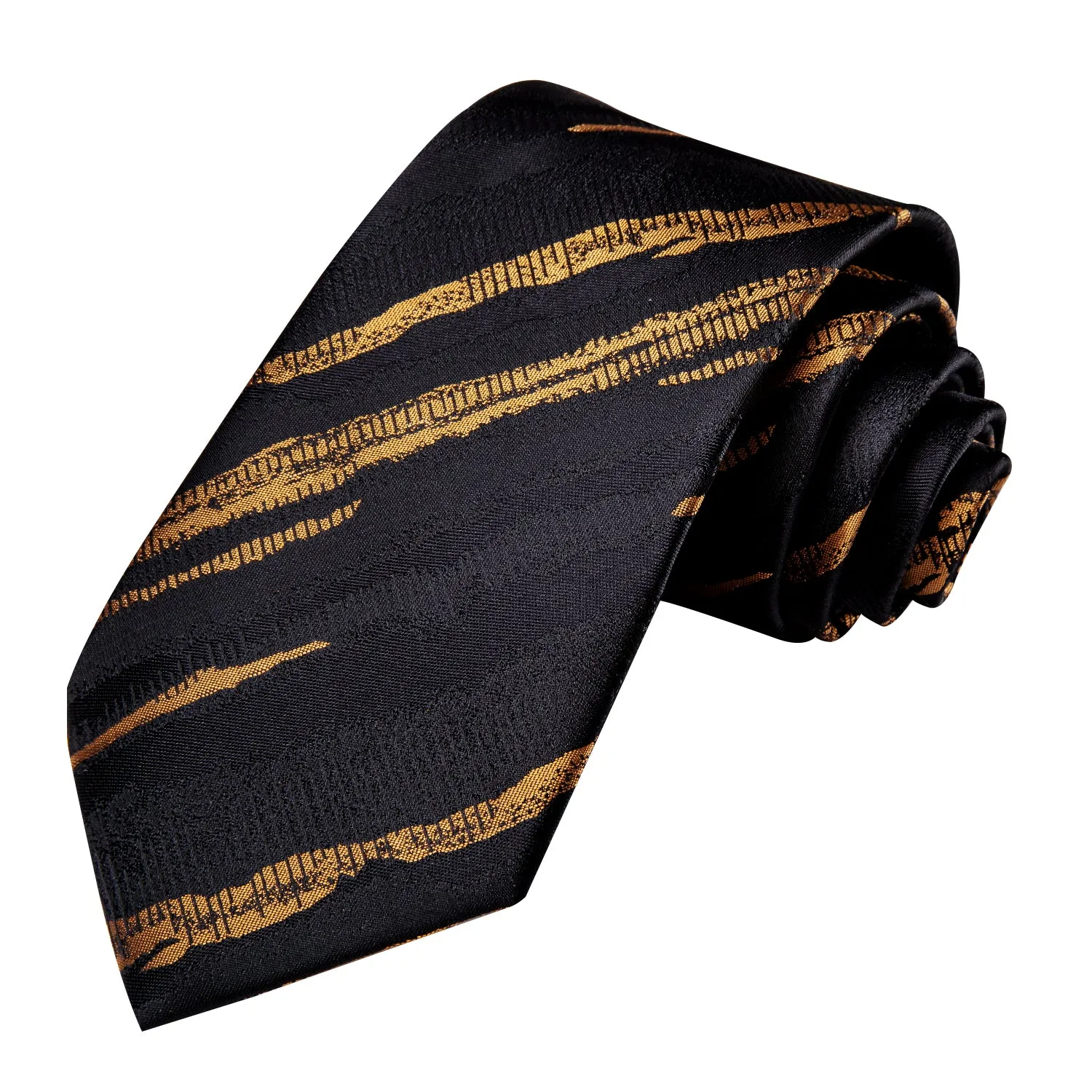 Black Golden Irregular Striped Silk Necktie Pocket Square Cufflinks Set