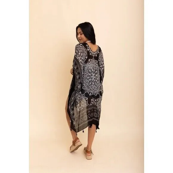 Black Mandala Printed Tassel Open Kimono Coverup Casual Wrap One Size