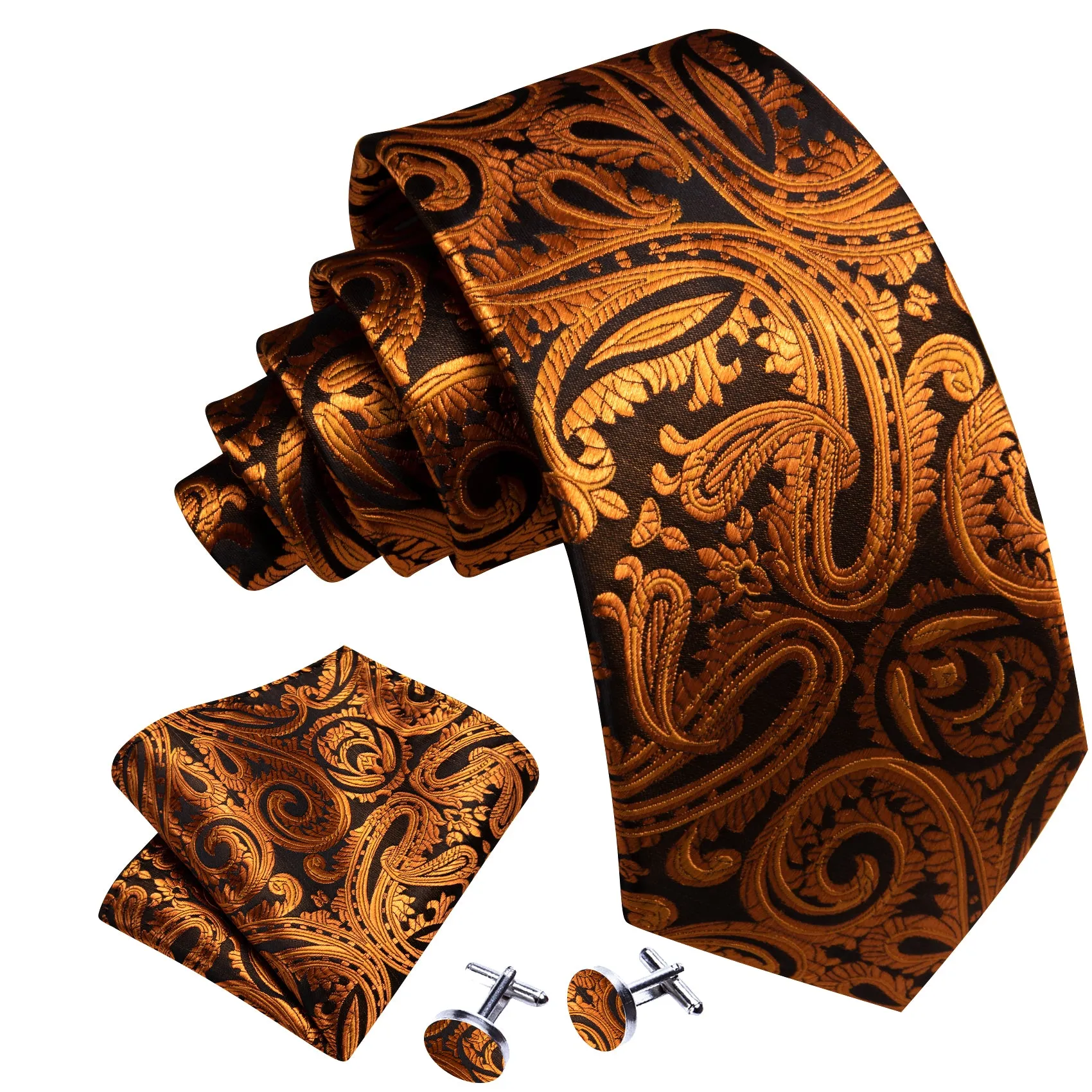 Black Tangerine Paisley Men's Necktie Pocket Square Cufflinks Set