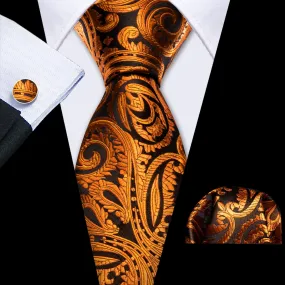 Black Tangerine Paisley Men's Necktie Pocket Square Cufflinks Set