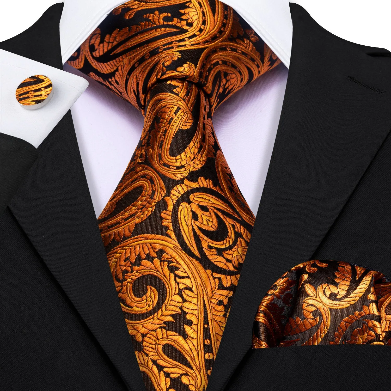 Black Tangerine Paisley Men's Necktie Pocket Square Cufflinks Set