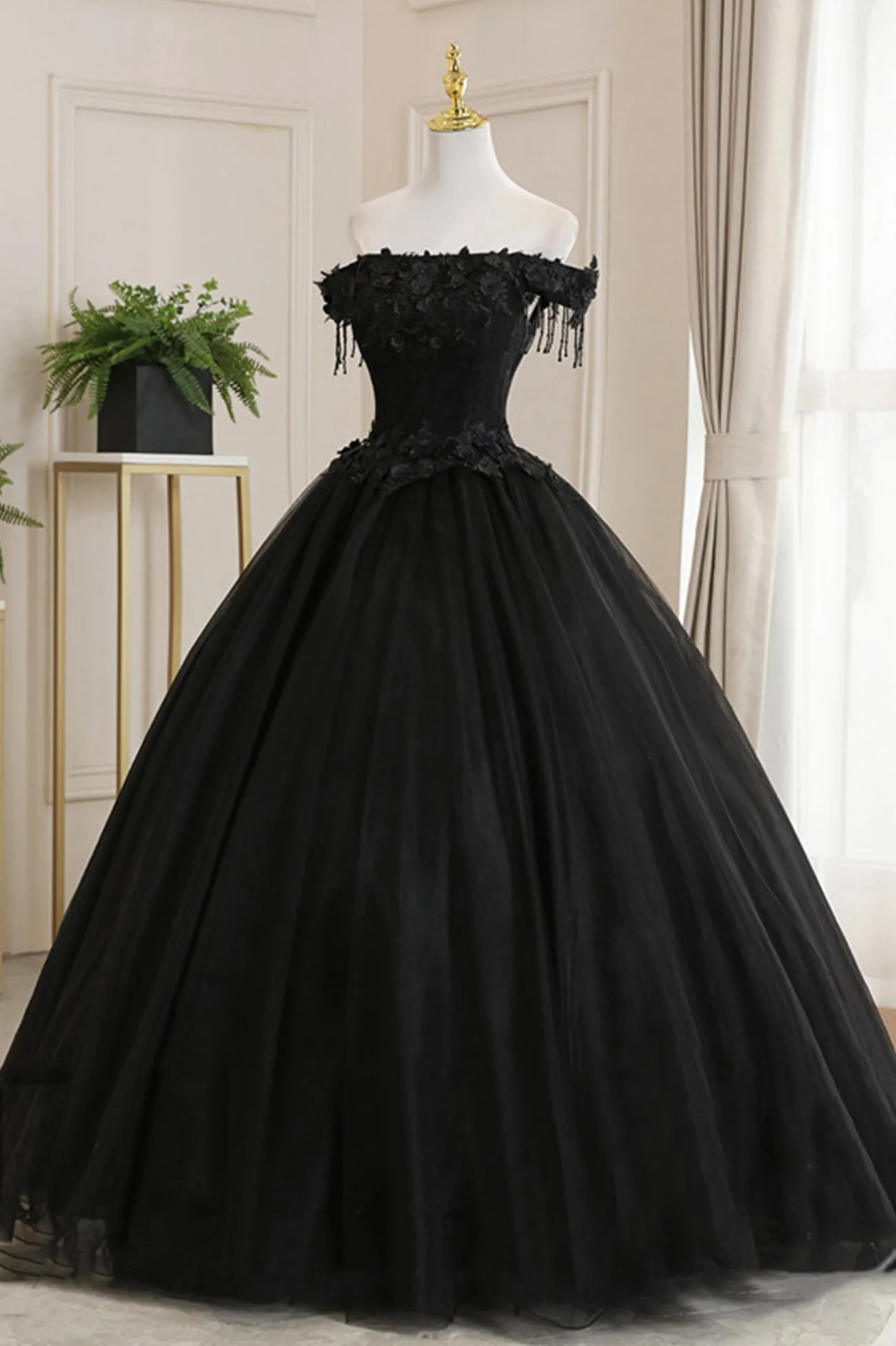 Black Tulle Lace Long Prom Dress, Black A-Line Evening Gown