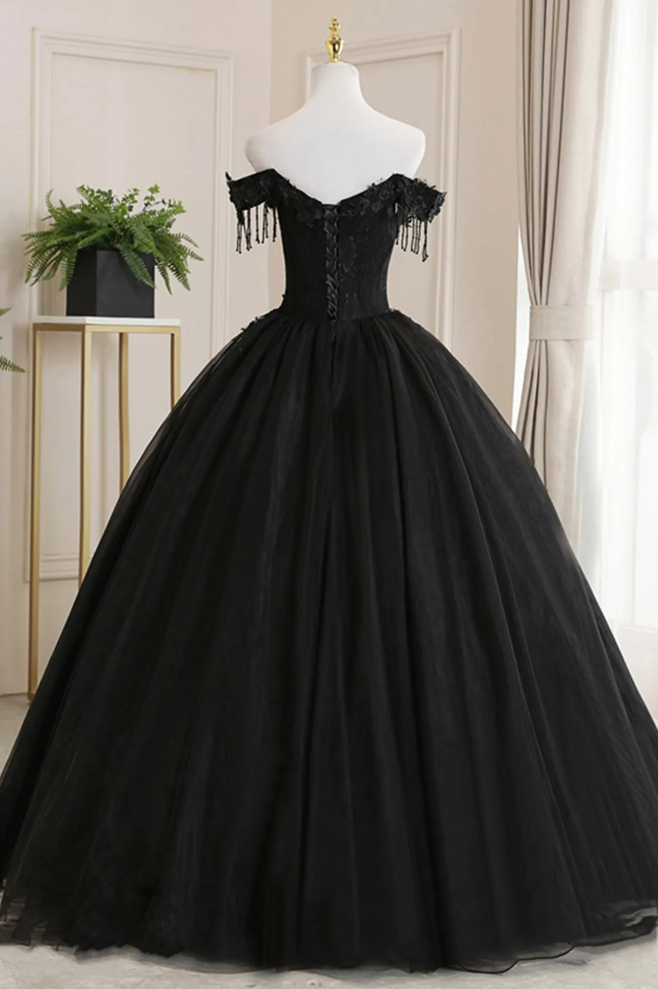 Black Tulle Lace Long Prom Dress, Black A-Line Evening Gown