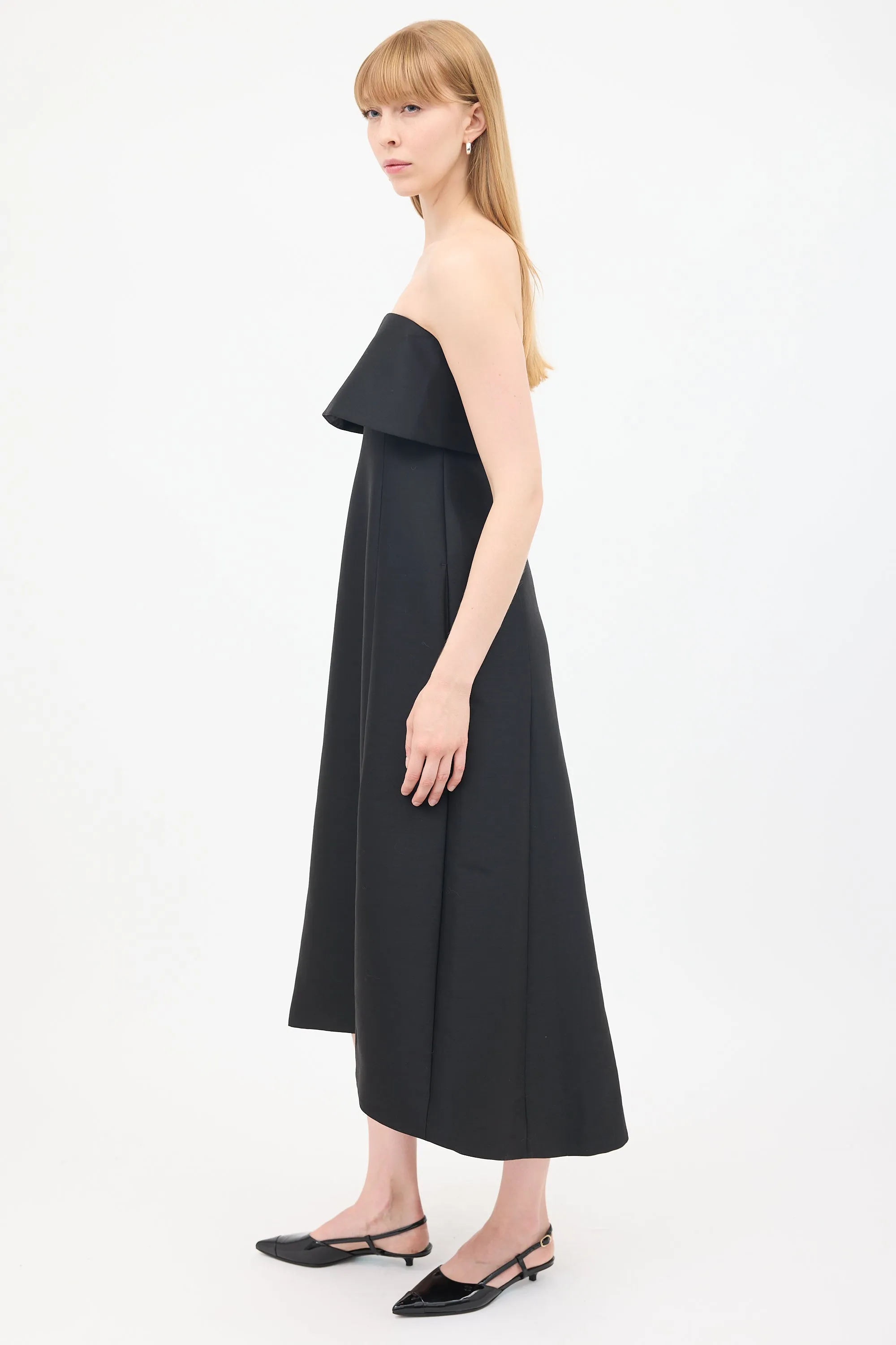 Black Wool & Cotton Strapless A-Line Dress