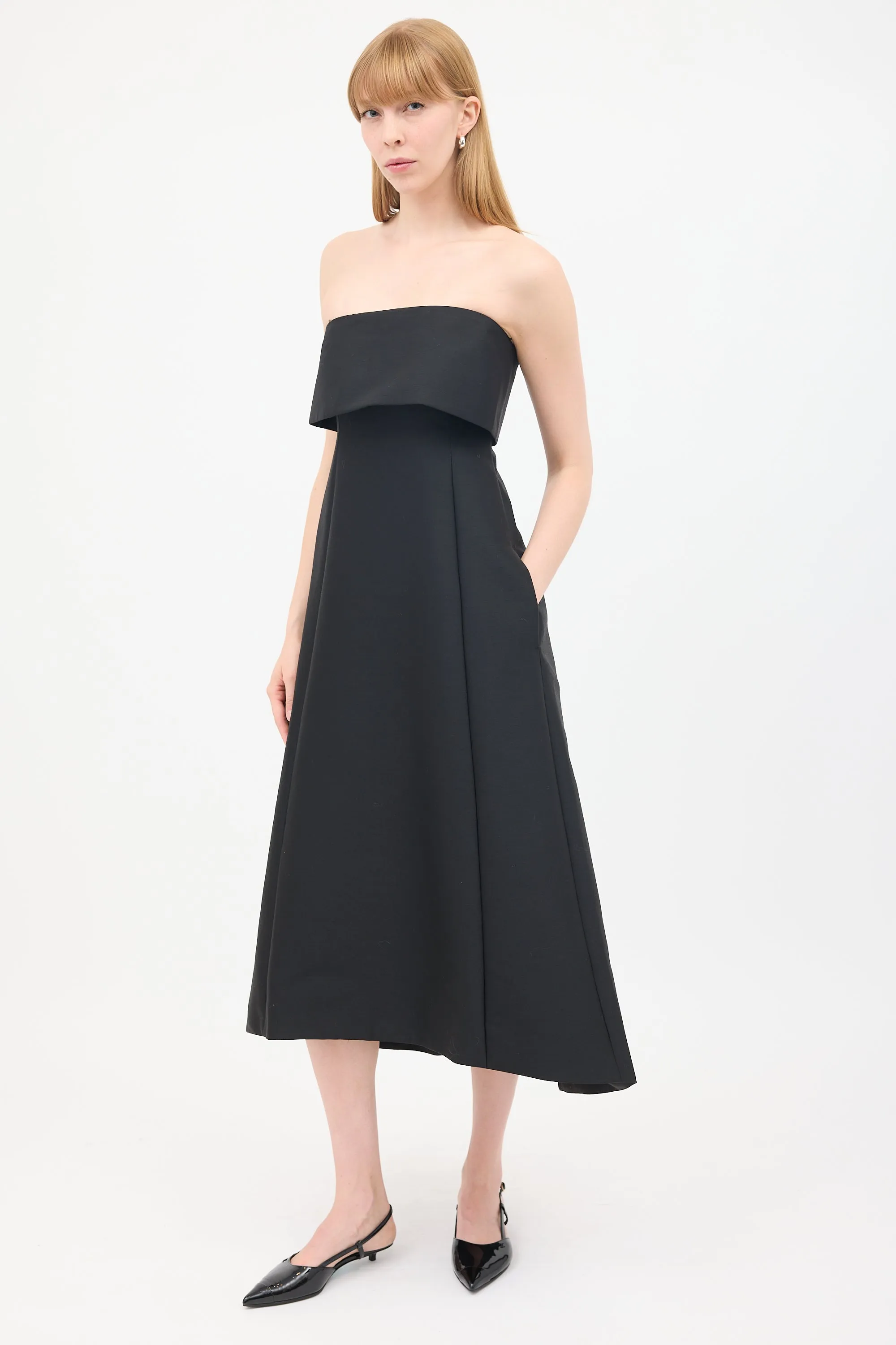 Black Wool & Cotton Strapless A-Line Dress