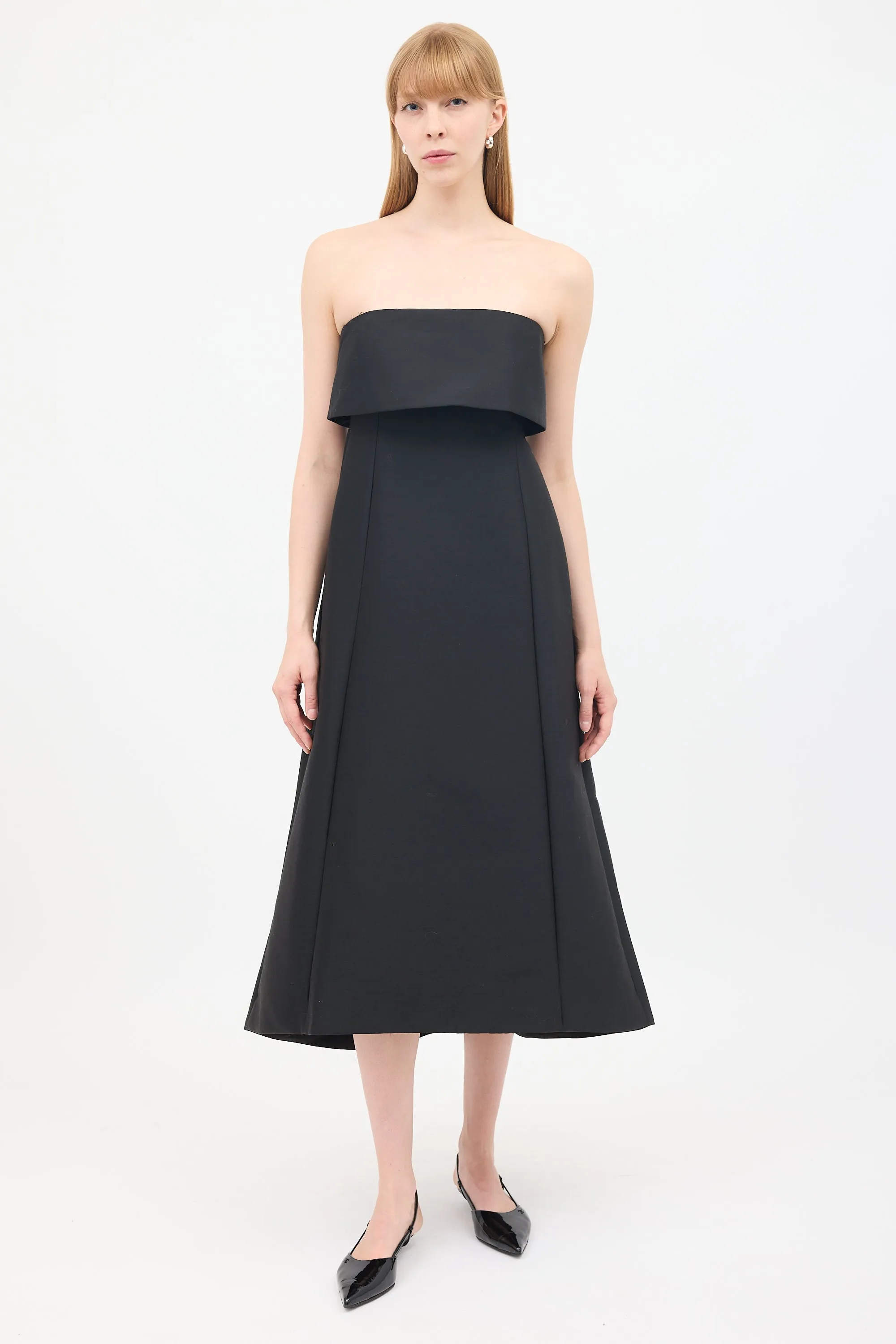 Black Wool & Cotton Strapless A-Line Dress