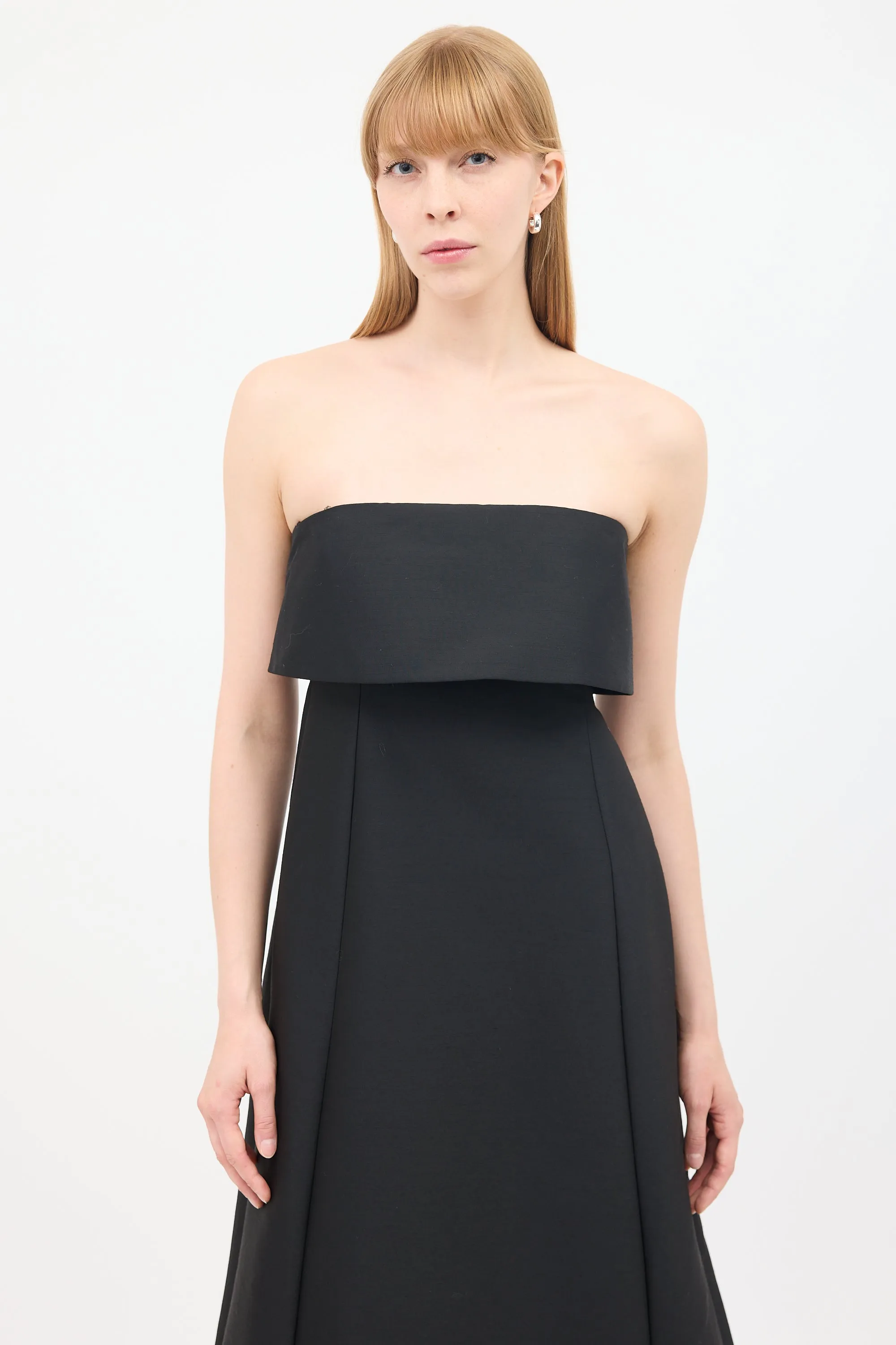 Black Wool & Cotton Strapless A-Line Dress