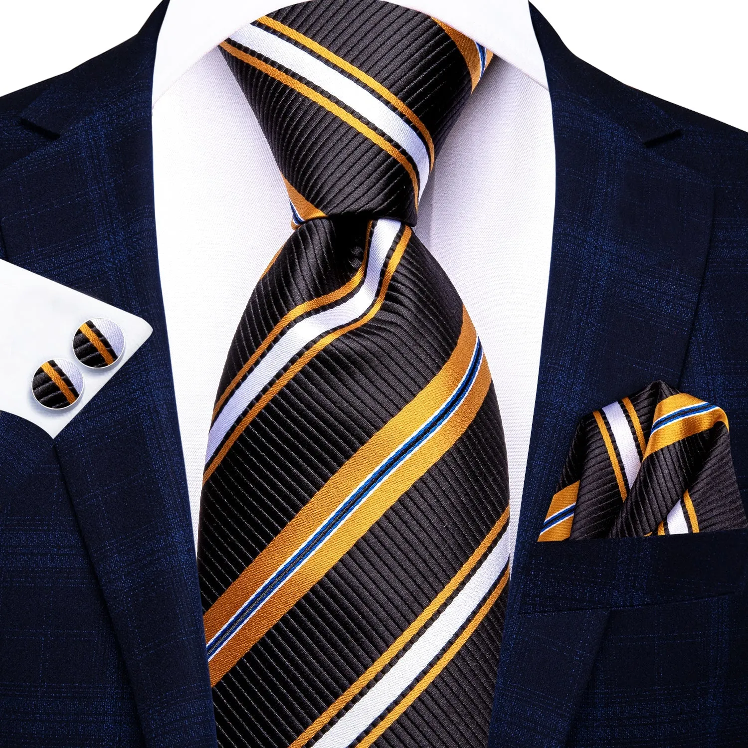 Black Yellow White Striped Men's Necktie Pocket Square Cufflinks Set