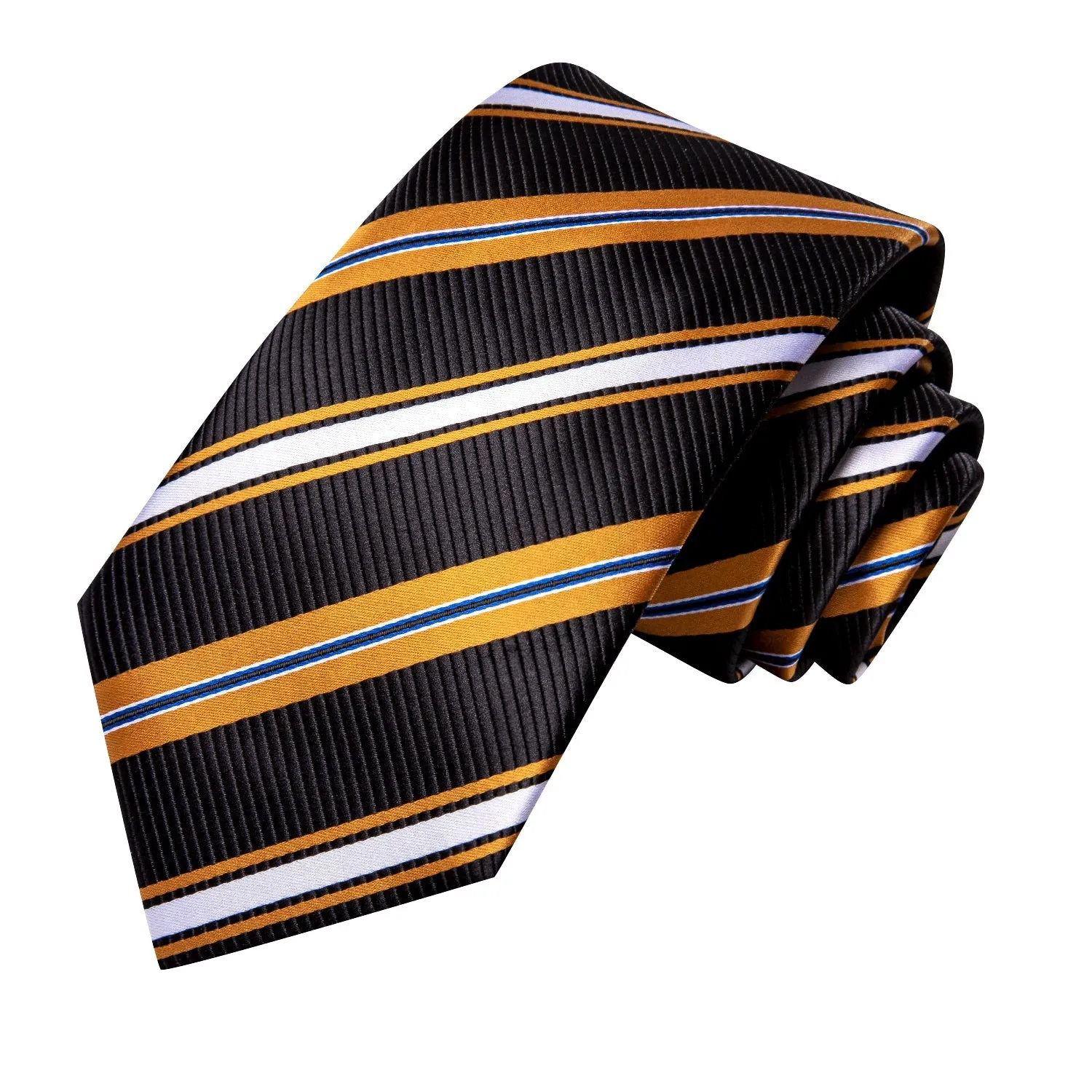 Black Yellow White Striped Men's Necktie Pocket Square Cufflinks Set