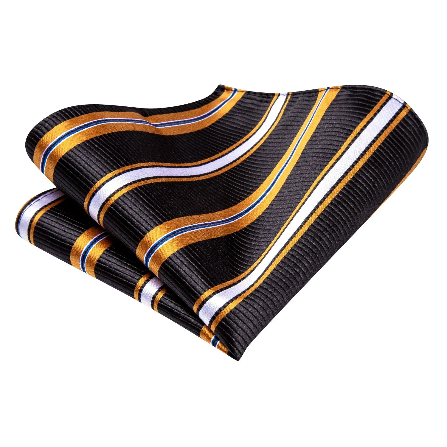 Black Yellow White Striped Men's Necktie Pocket Square Cufflinks Set